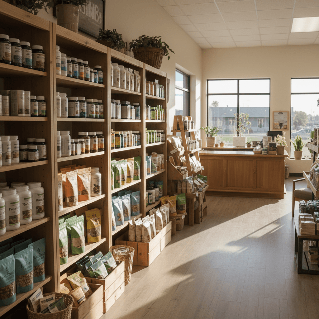 Alvin Health store interior with organized shelves of vitamins and supplements