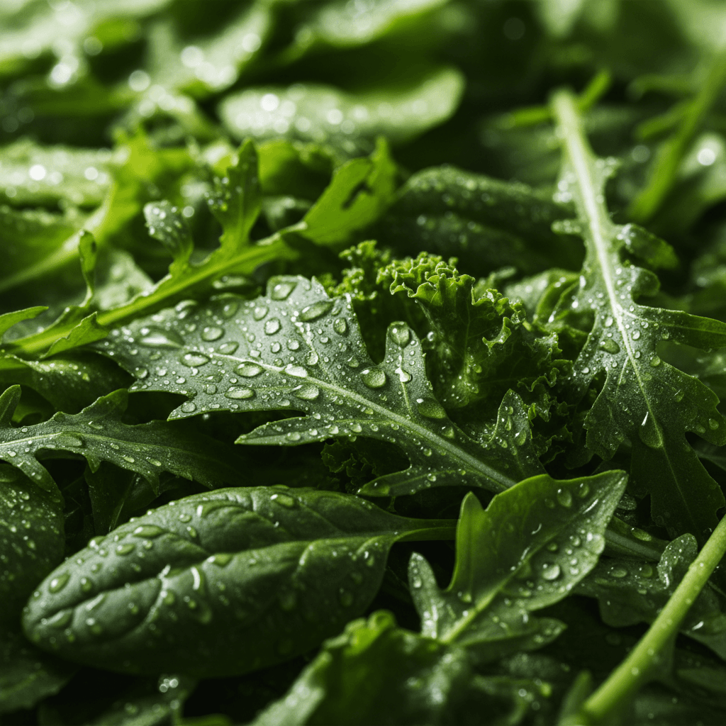 Fresh salad greens with water droplets
