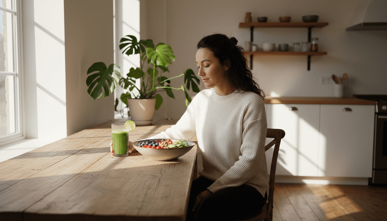 Woman enjoying fresh whole foods and juice at a wooden table in natural morning light