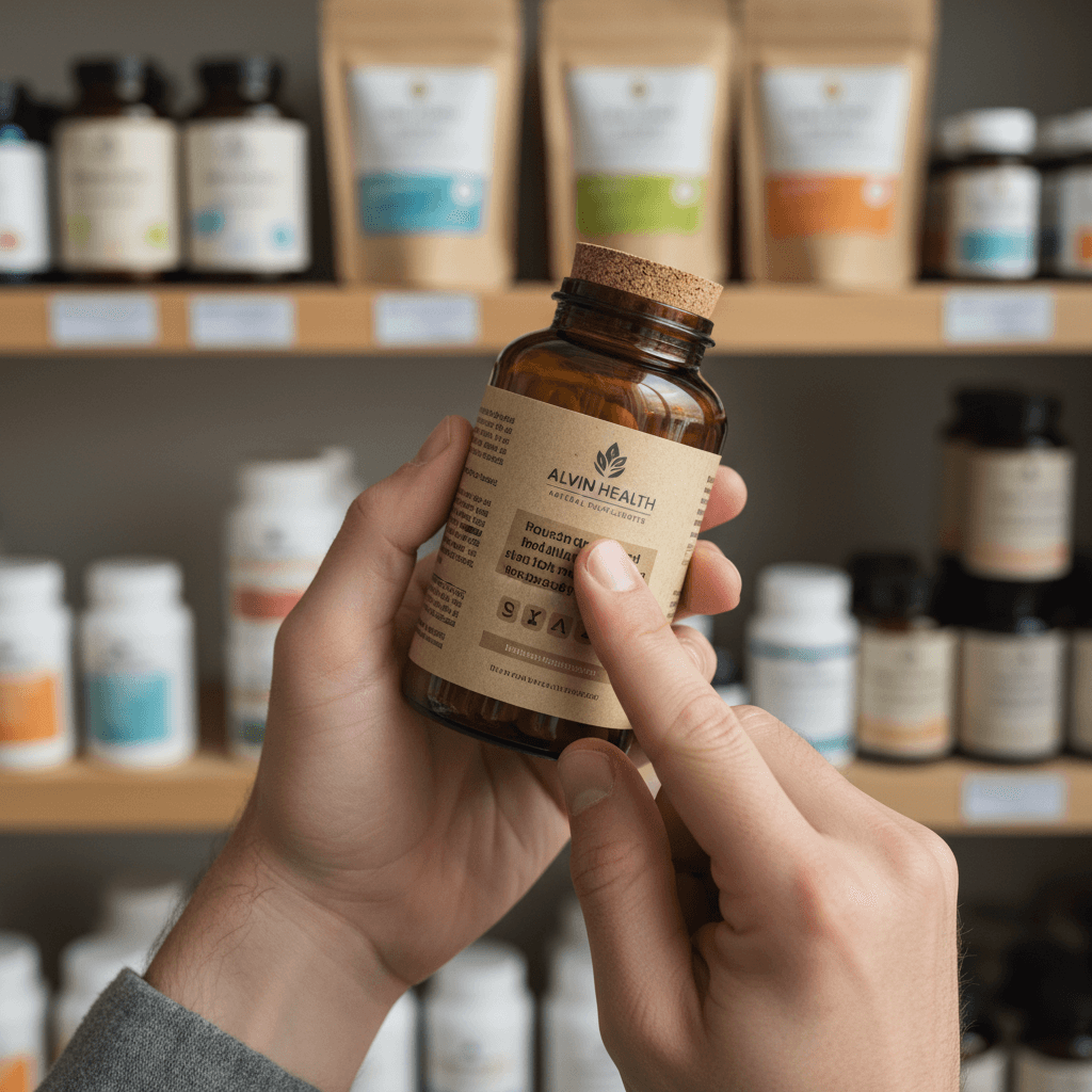 Customer examining supplement ingredients at Alvin Health