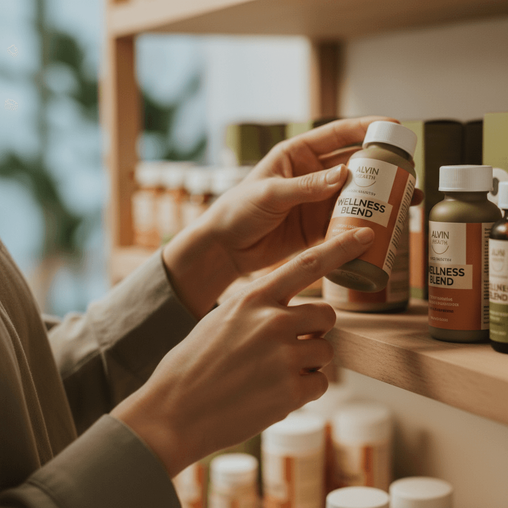 Customer selecting natural wellness products at Alvin Health