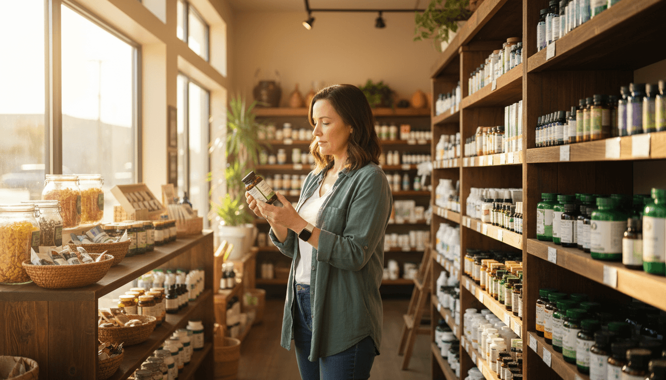 Customer browsing quality supplements and whole foods at Alvin Health in Fillmore
