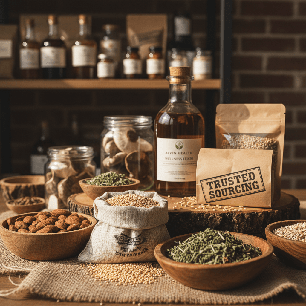 Premium whole foods and supplements showcasing Alvin Health's quality curation