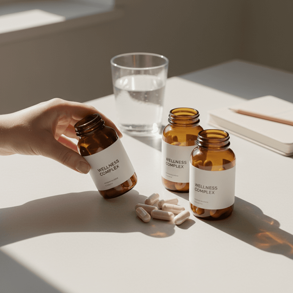 Vitamin bottles and supplement capsules