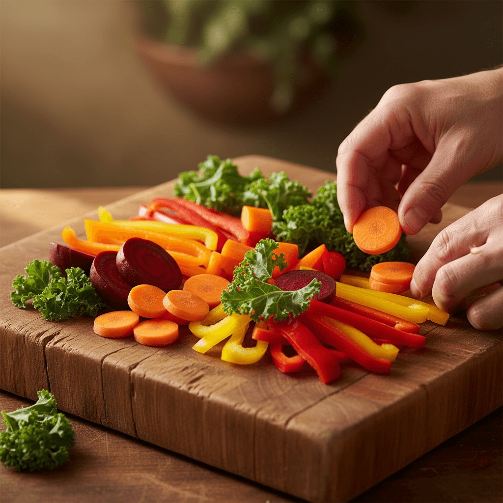Colorful fresh vegetables on a cutting board