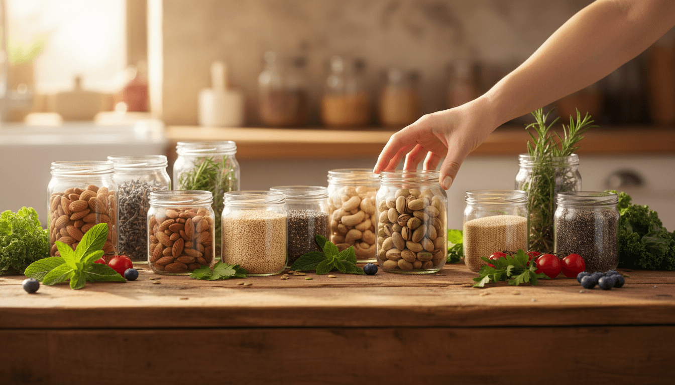 Hand selecting a jar of quality whole food ingredients from an organized display on a wooden table