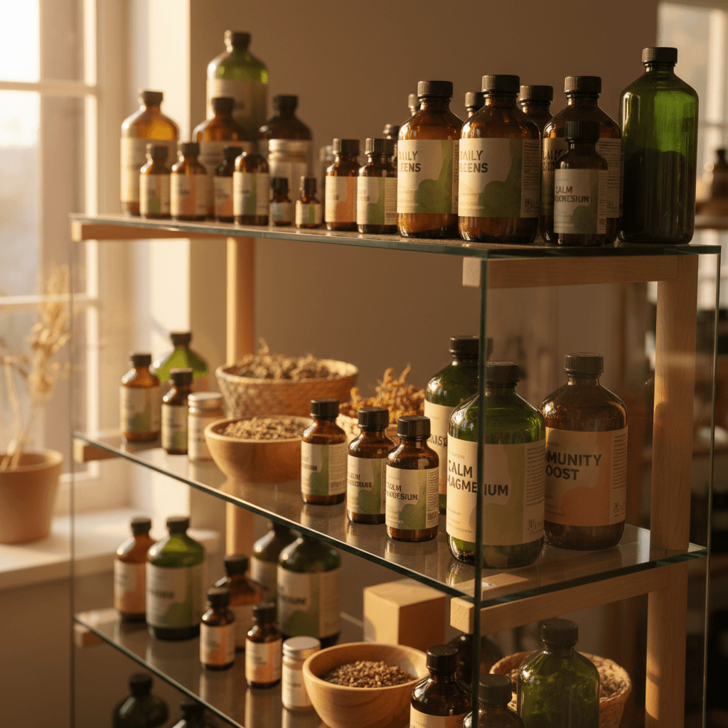 Vitamin and supplement bottles on display at Alvin Health