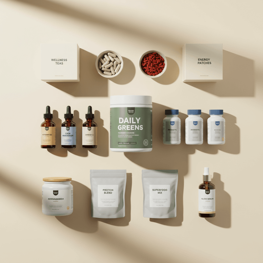 Organized display of vitamins and wellness products