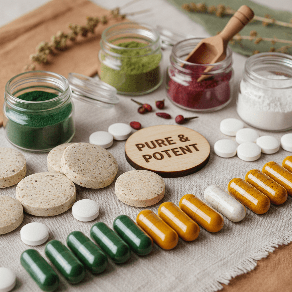 Detailed view of various supplements and natural wellness products