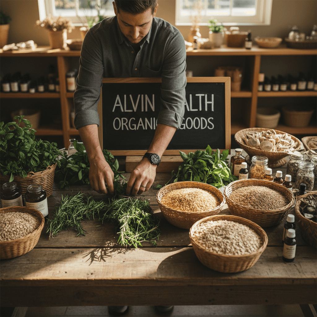 Jason Goble carefully arranging wellness products at Alvin Health