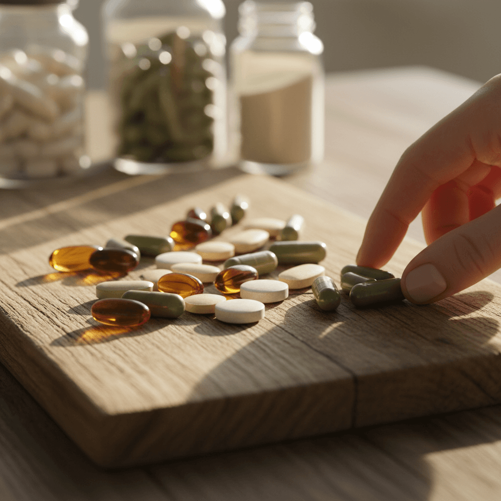 Variety of vitamins and supplements on wooden surface