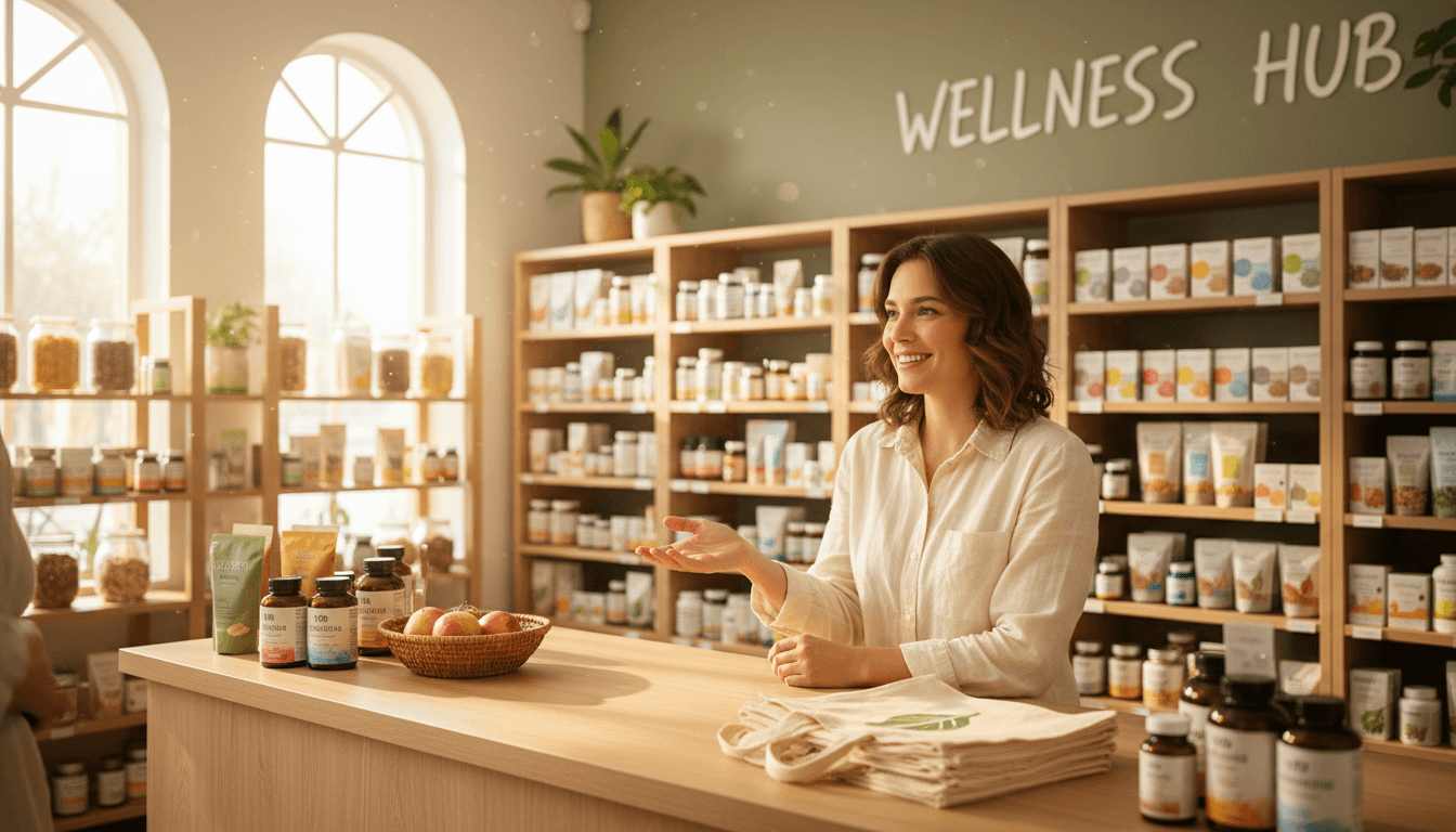 Alvin Health store associate greeting customers at wellness store counter in Fillmore