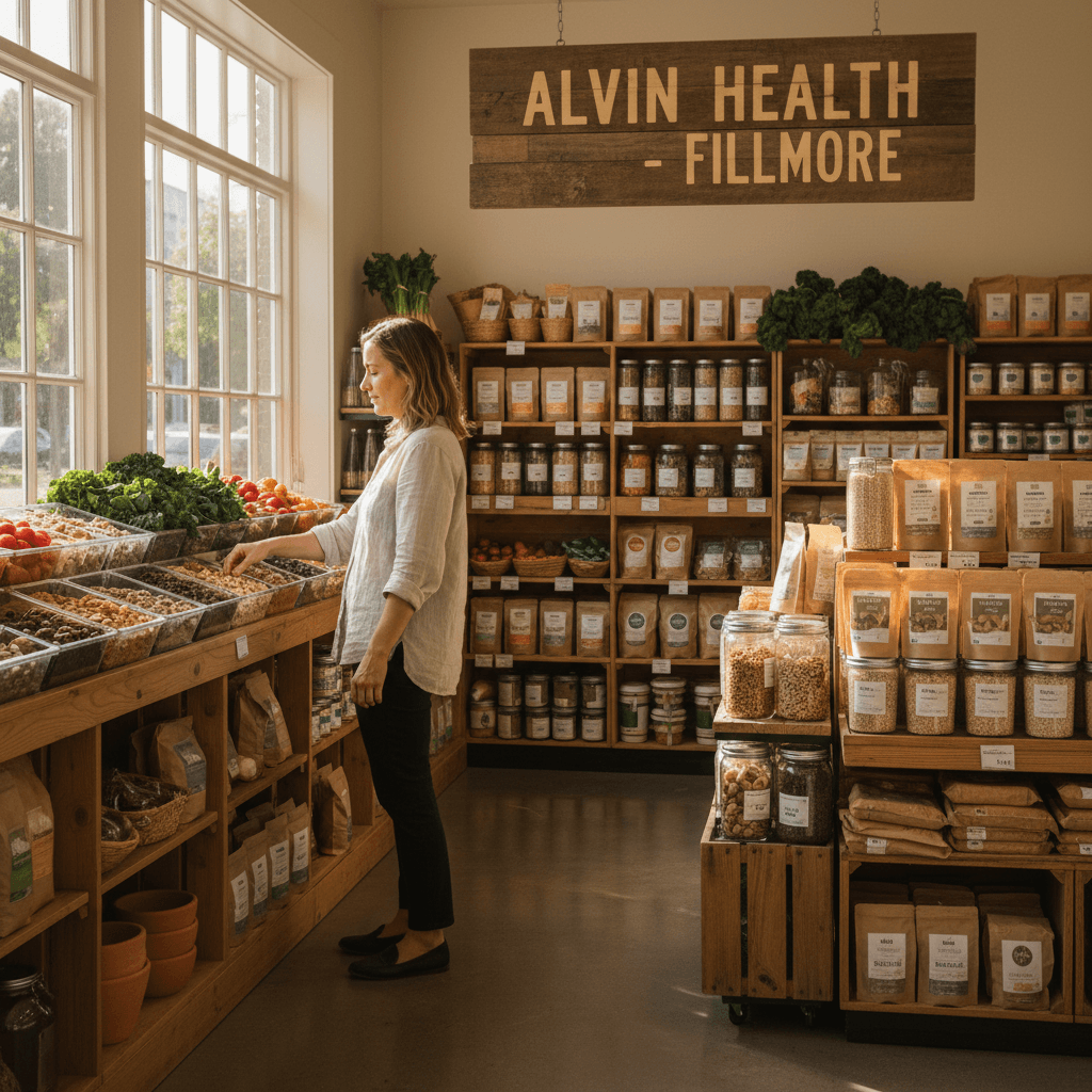 Customer exploring whole foods selection at Alvin Health store