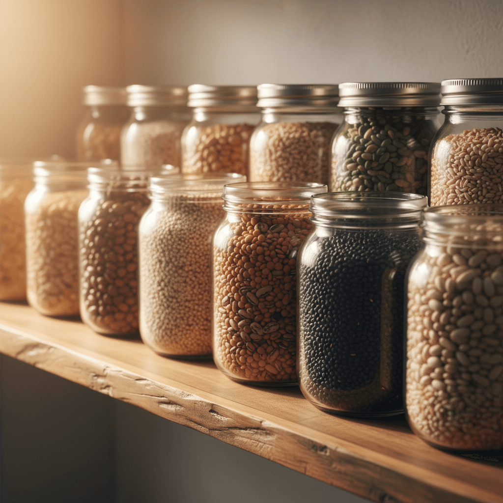 Organic whole grains and legumes in glass containers