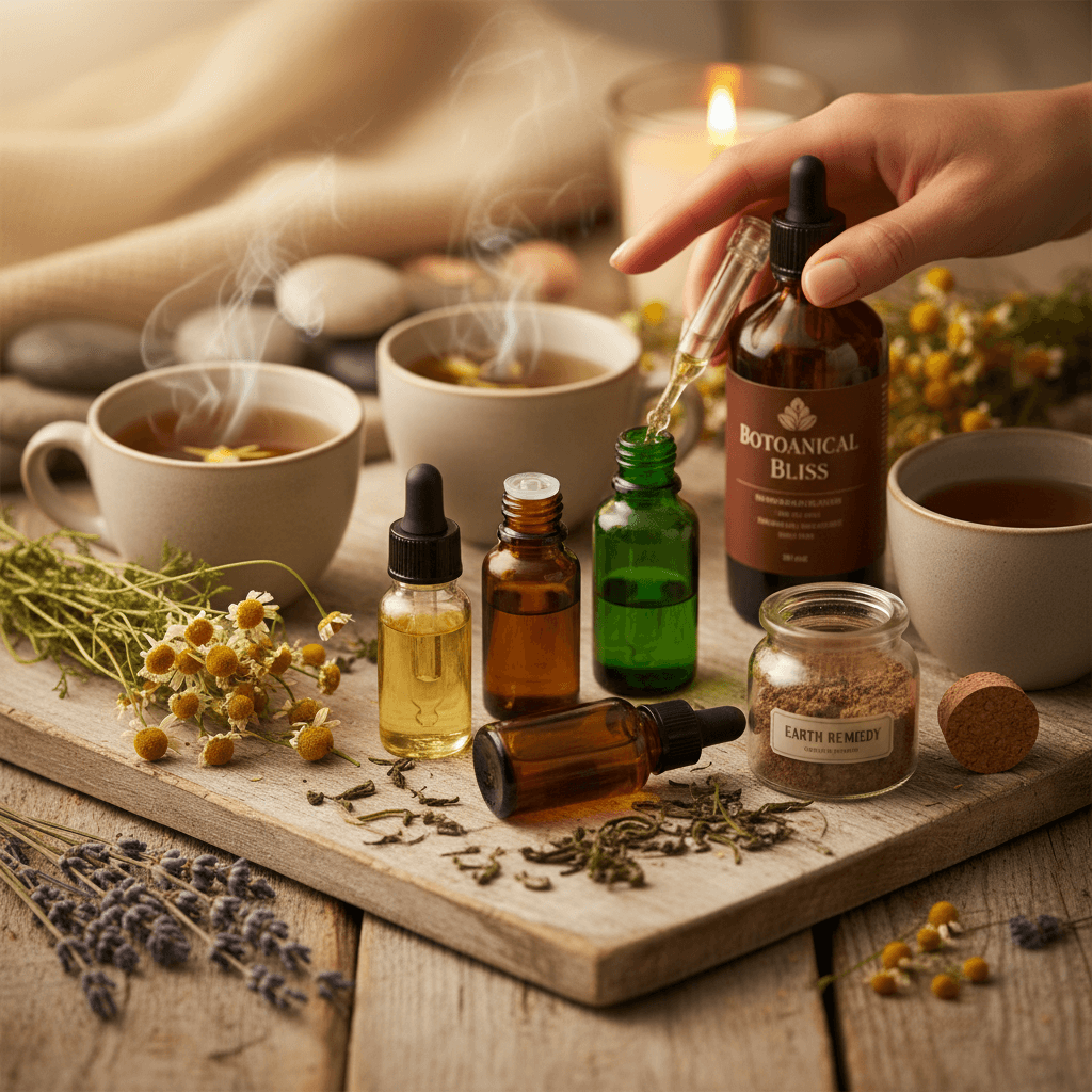 Natural wellness products including oils and herbal remedies