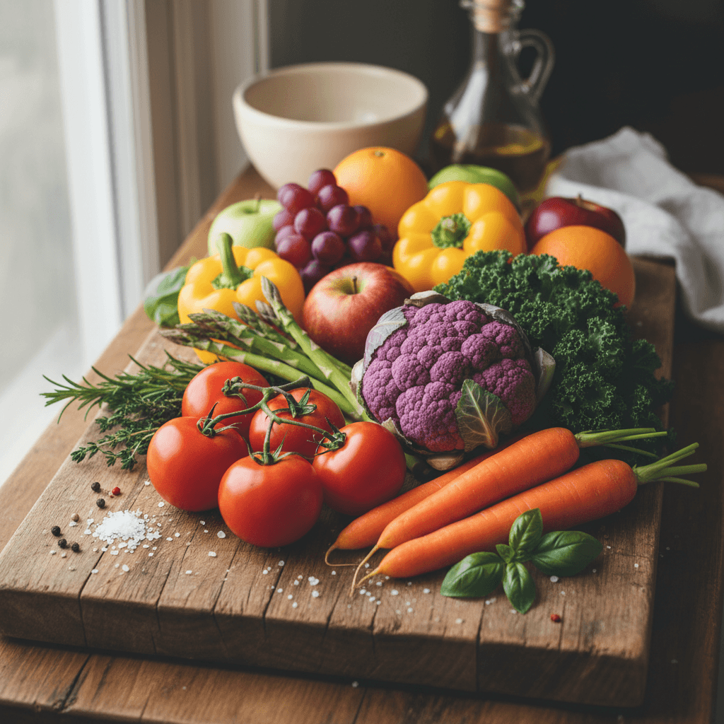 Fresh whole foods and vegetables on a wooden board