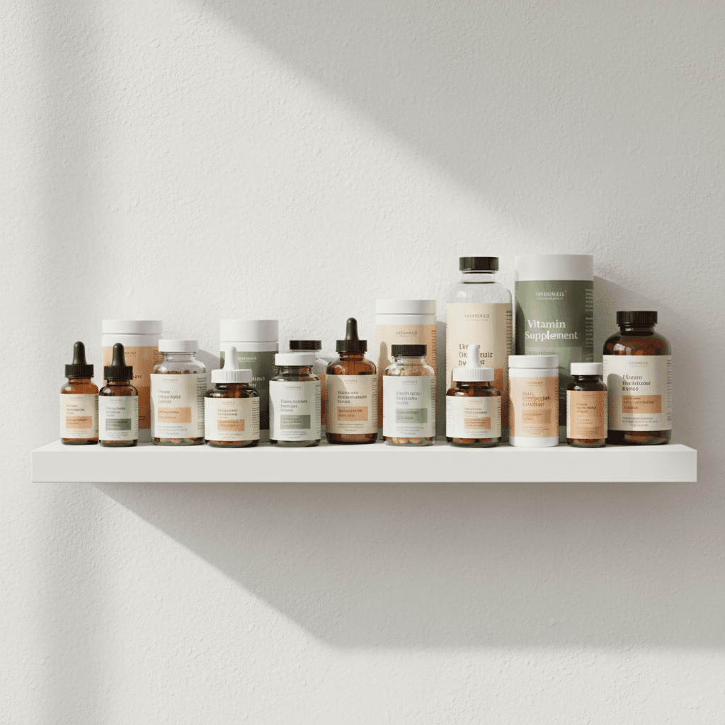 Vitamin and supplement bottles on a shelf