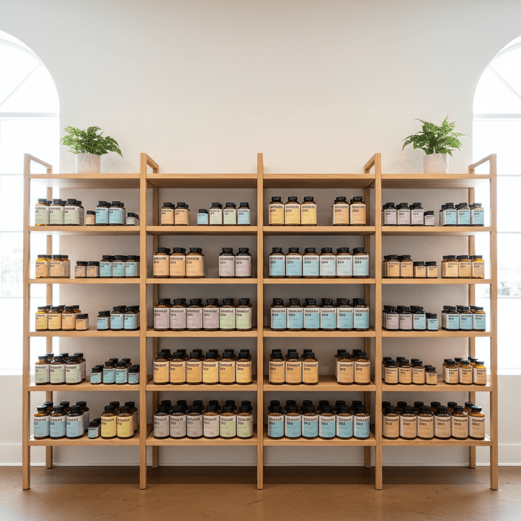 Vitamin and supplement products on display at Alvin Health