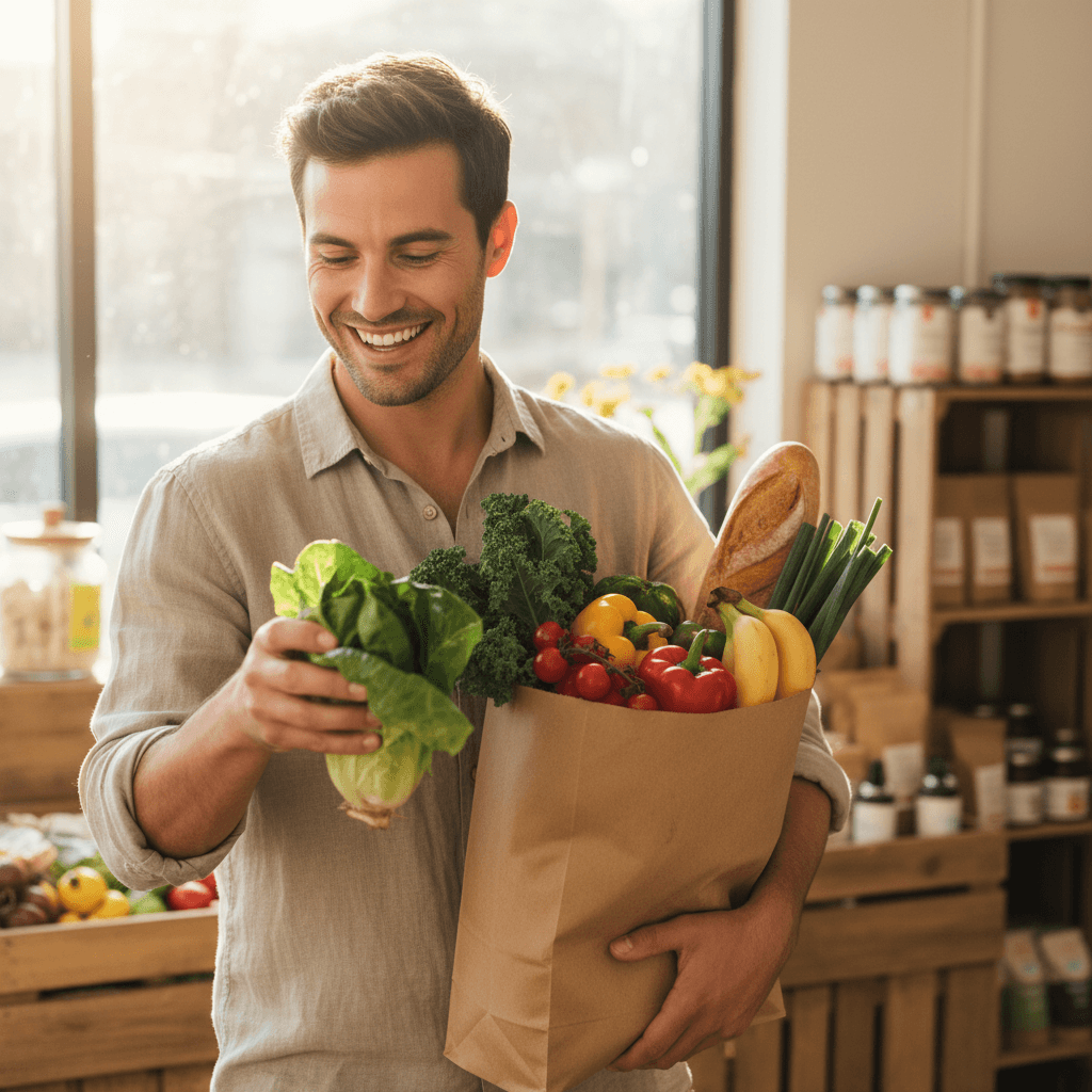 Person shopping for whole foods at a market