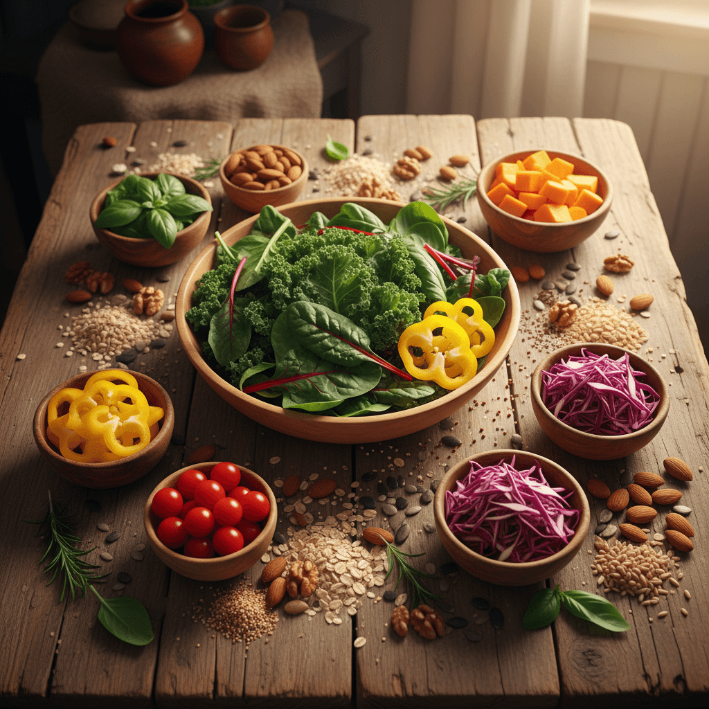 Fresh whole foods including vegetables, grains, and nuts