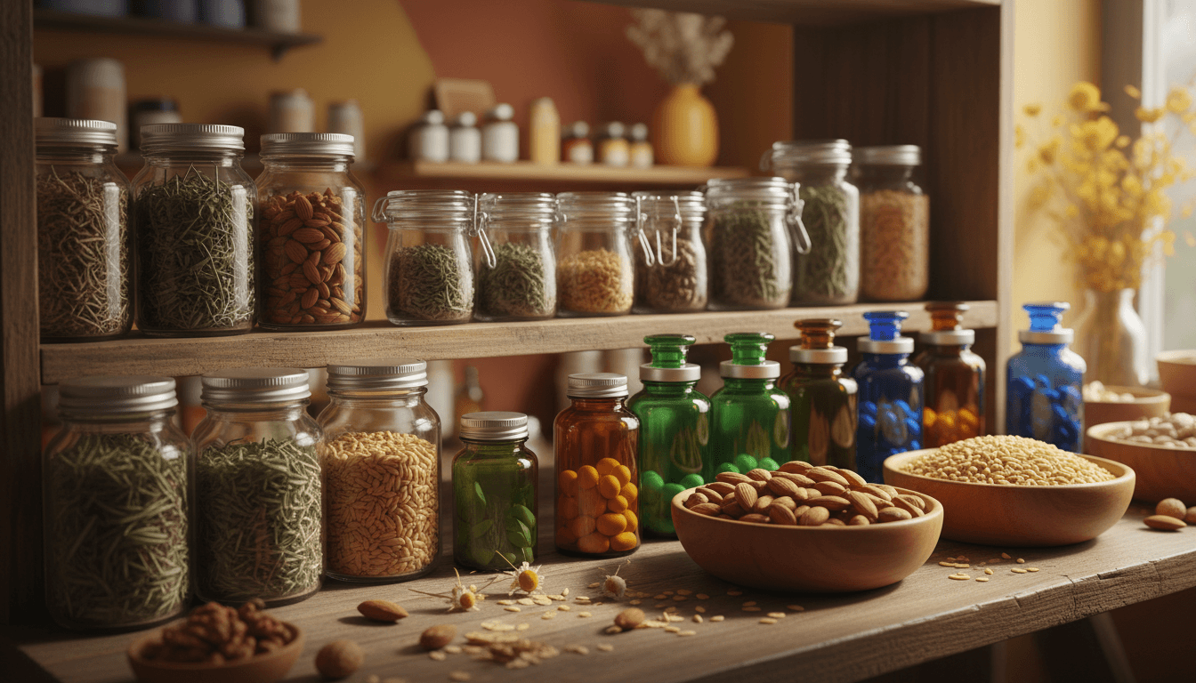Organized display of whole foods, vitamins, and natural supplements on wooden shelving